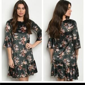 Dark Green Velvet Floral Dress